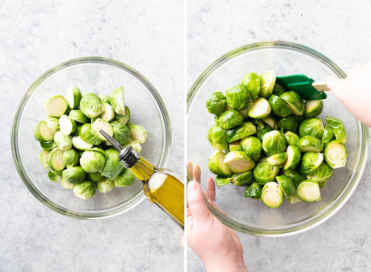 two photos showing how to make maple Brussels sprouts - pouring olive oil then stirring a spatula to coat