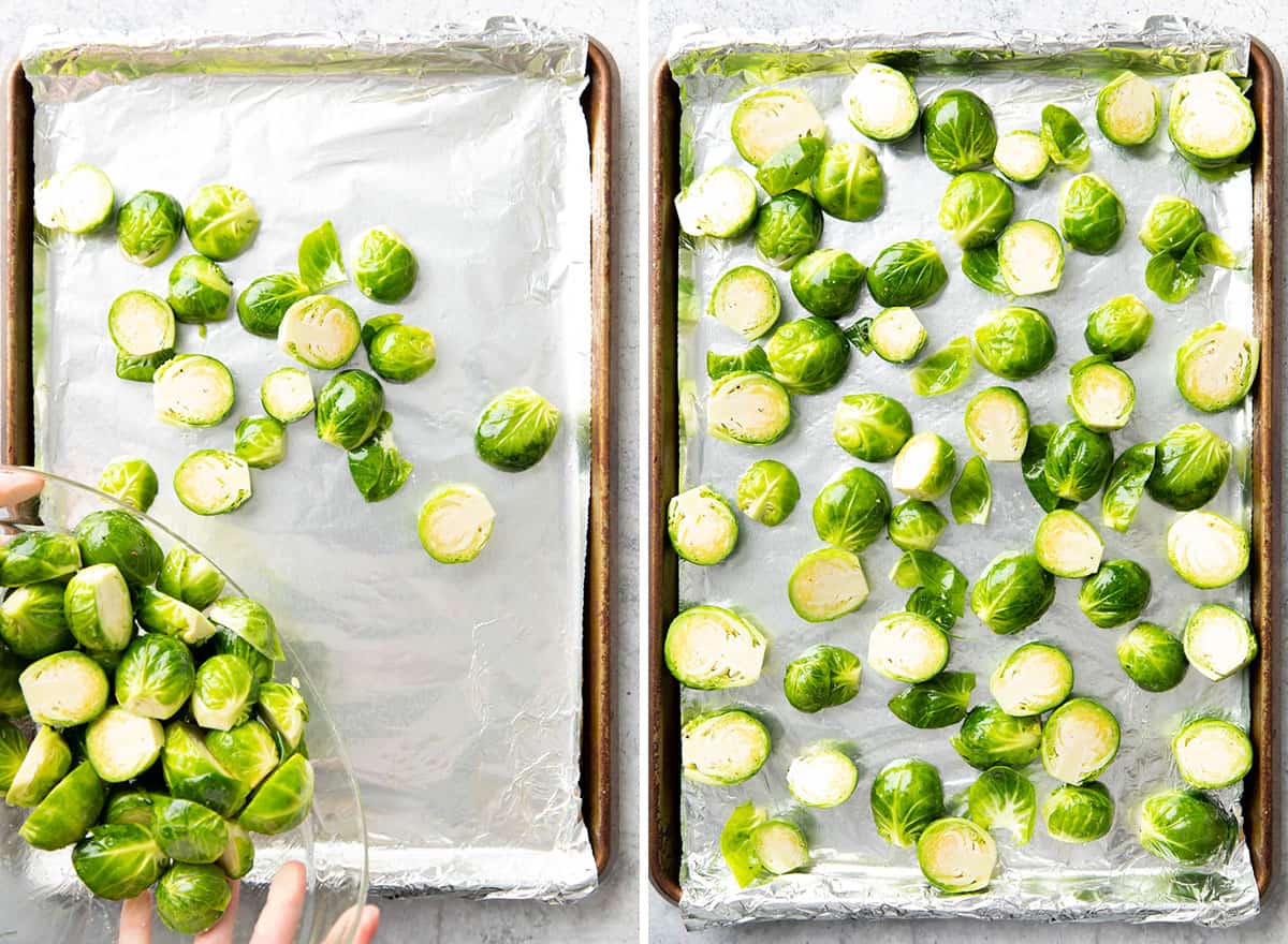 two photos showing how to make maple Brussels sprouts - pouring Brussels sprouts onto a baking sheet