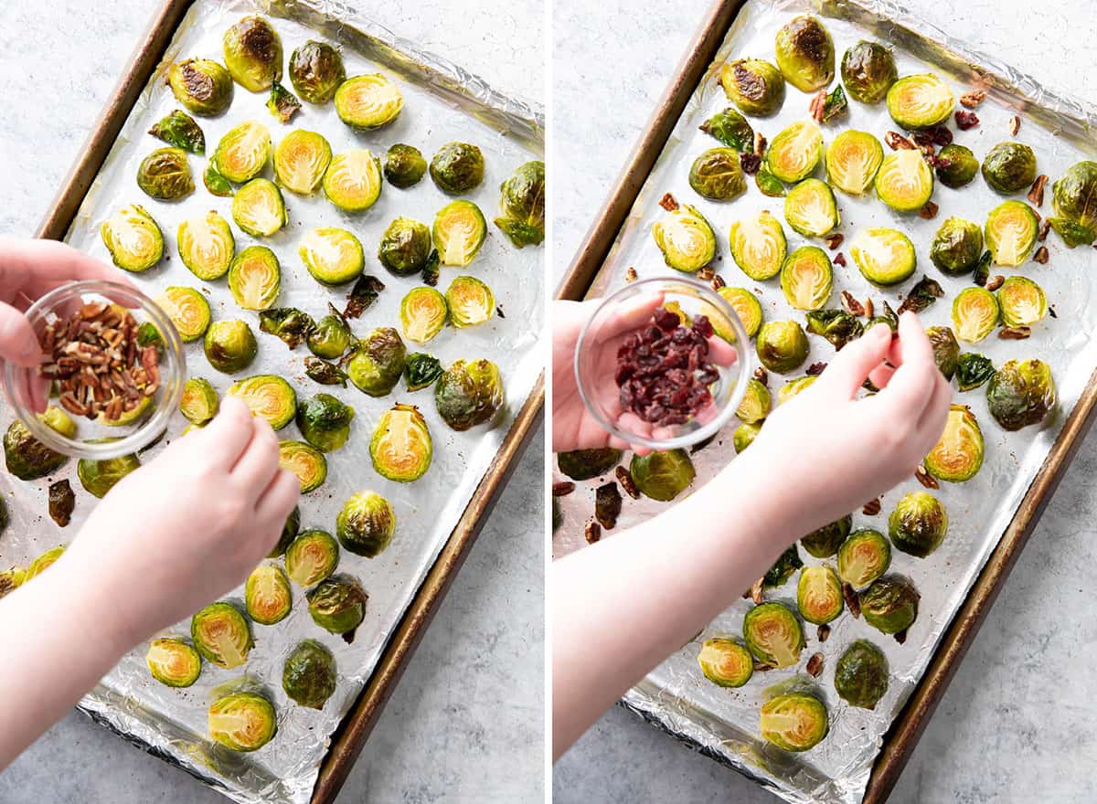 two photos showing how to make maple Brussels sprouts - sprinkling pecans and cranberries over sheet
