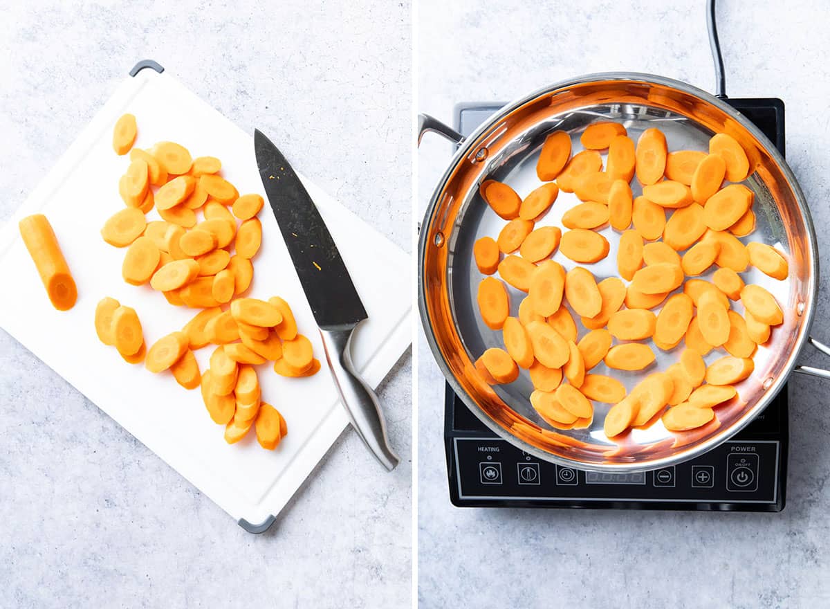 Two photos showing how to make maple glazed carrots – carrots on cutting board and in skillet
