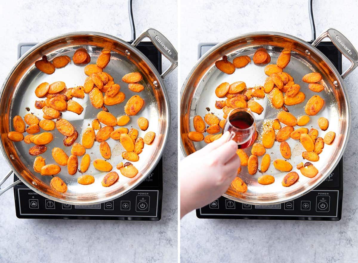 Two photos showing how to make maple glazed carrots – adding maple syrup when charred