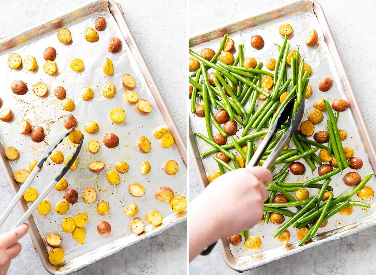 two photos showing how to make this recipe - flipping potatoes and adding green beans