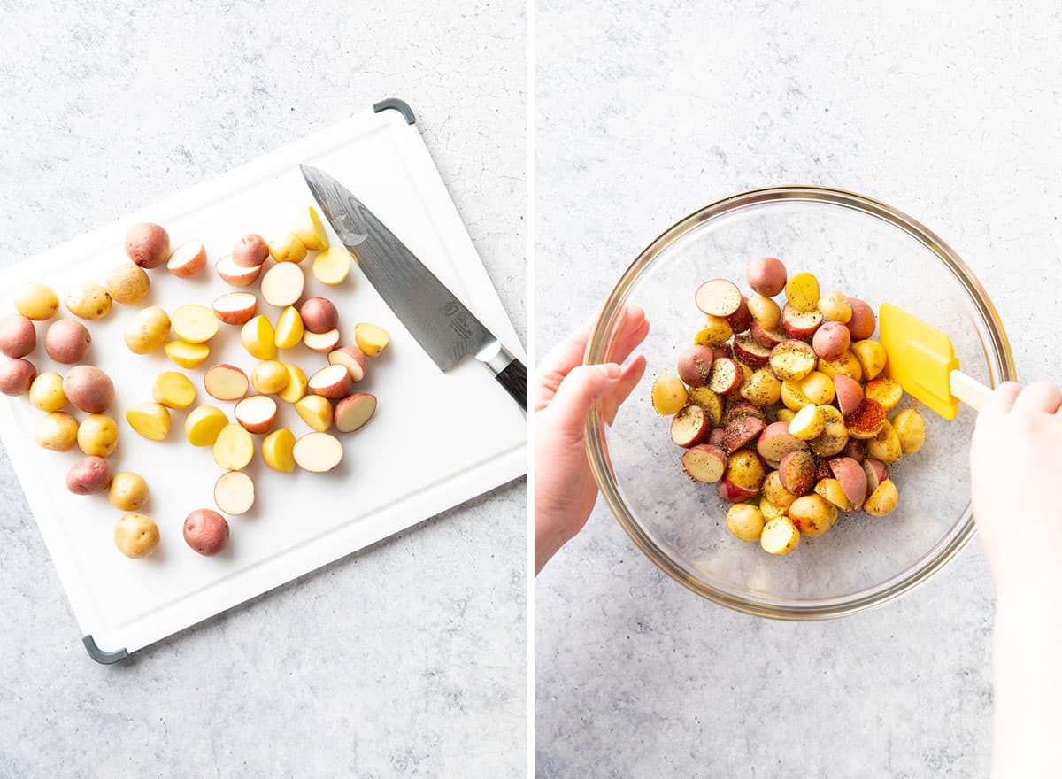 two photos showing how to make roasted green beans and potatoes - cutting and seasoning potatoes