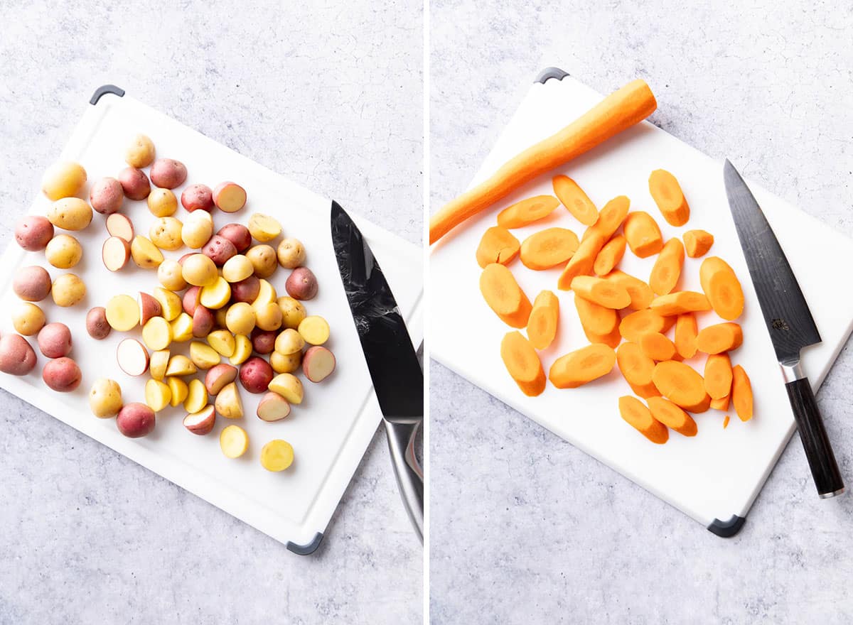 two photos showing how to make roasted potatoes and carrots - slicing carrots and potatoes