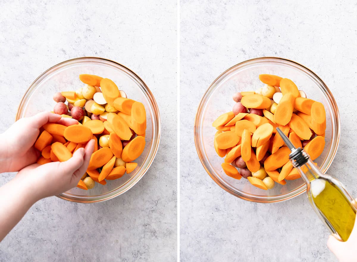 two photos showing how to make roasted potatoes and carrots - pouring oil over carrots in mixing bowl