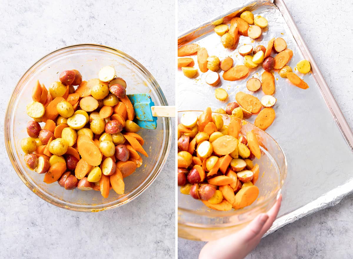 two photos showing how to make roasted potatoes and carrots - spreading potatoes and carrots on a baking sheet
