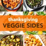 uma colagem de fotos com receitas de acompanhamentos de vegetais do Dia de Ação de Graças