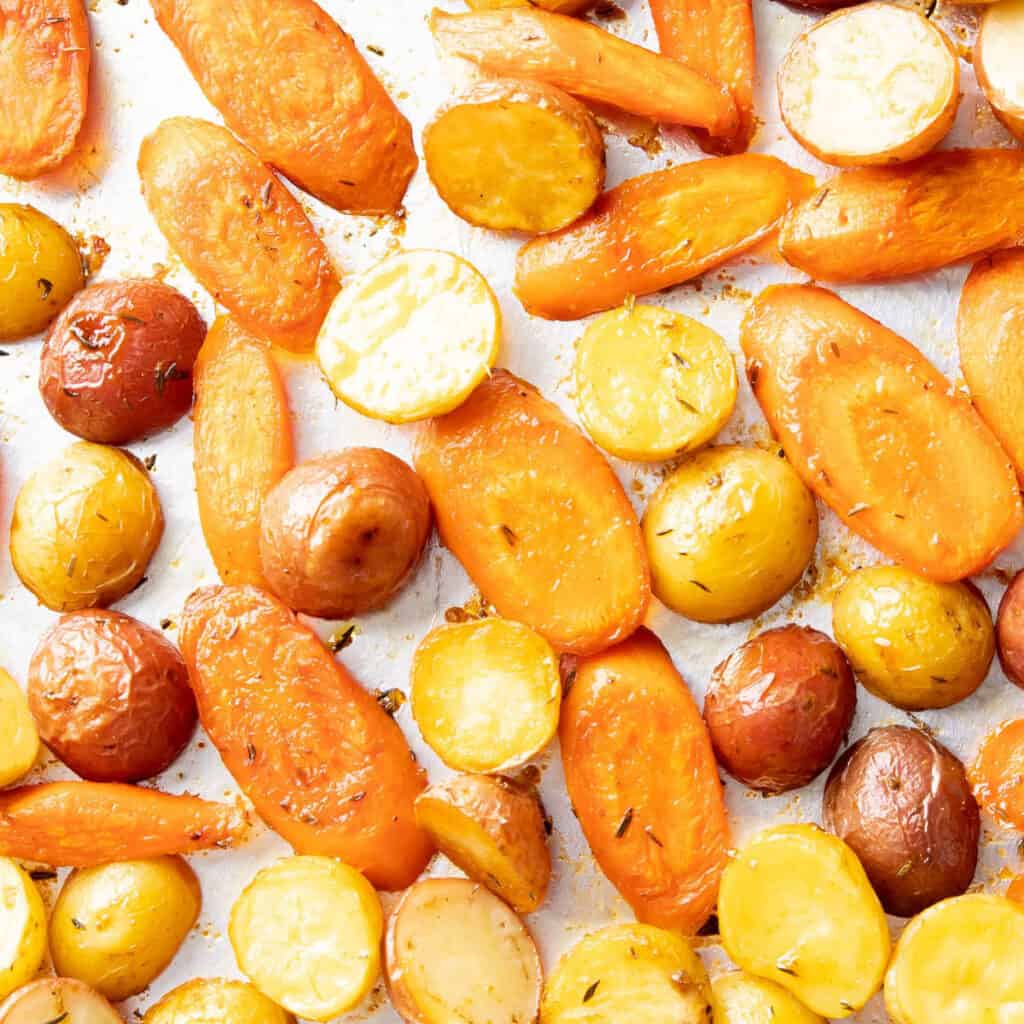 Roasted Potatoes and Carrots Beaming Baker