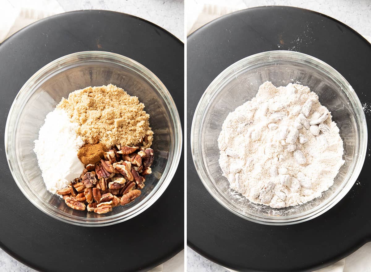 two photos showing how to make streusel topping - mixing the dry ingredients together
