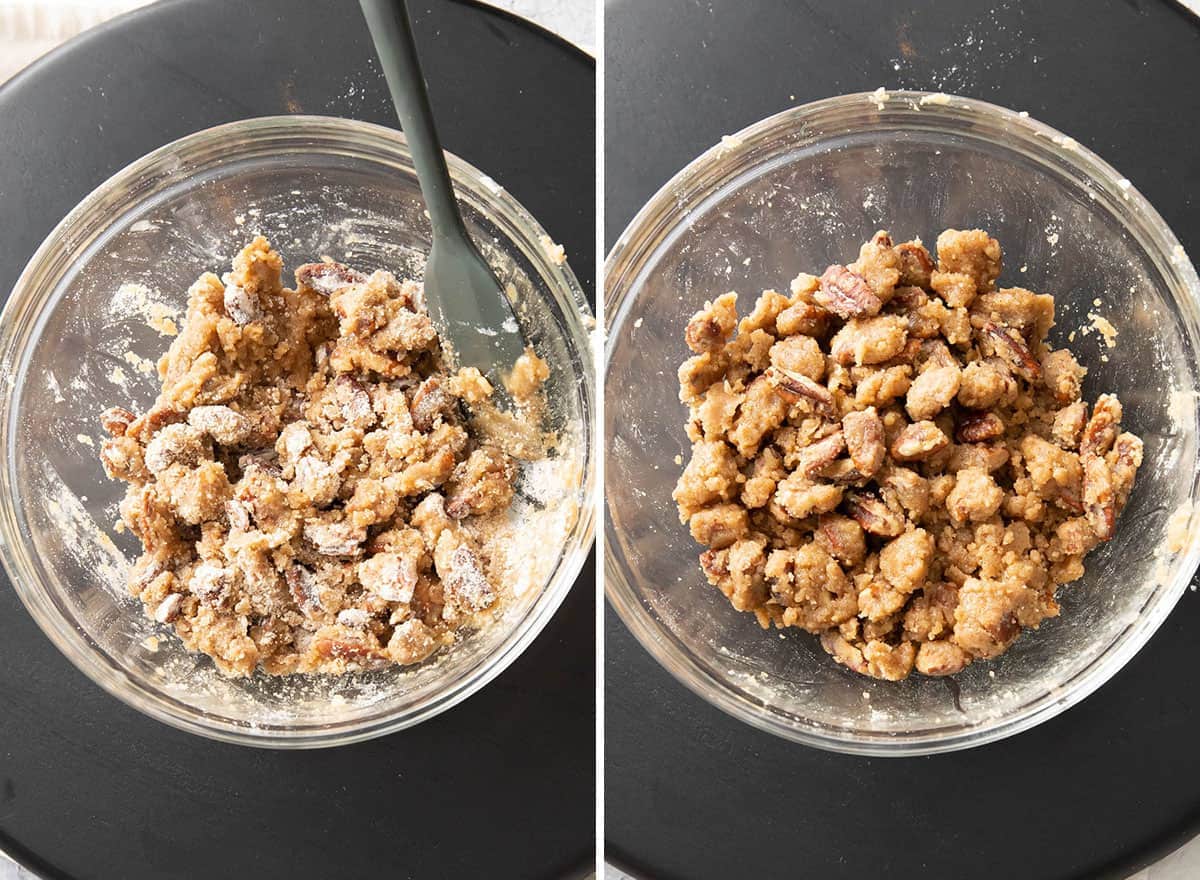 two photos showing how to make streusel topping - creating crumbles for the sweet topping