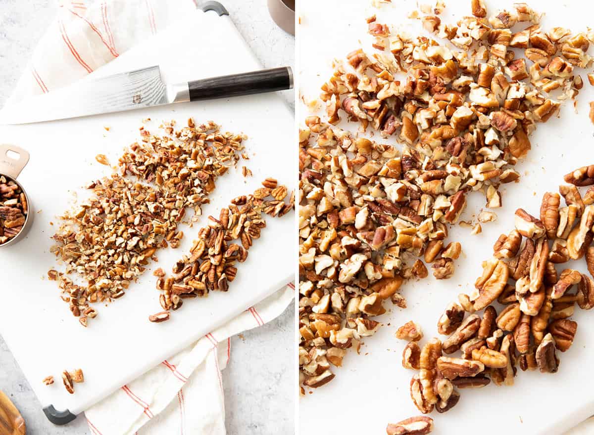 two photos showing how to chop the pecans finely or roughly for desired texture