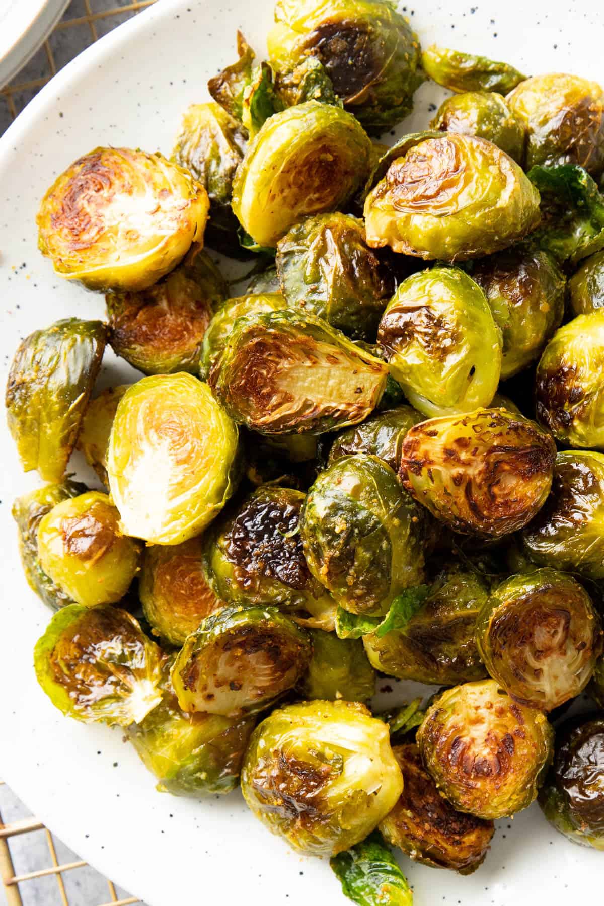 Closeup photo of this vegan brussels sprouts recipe on a plate