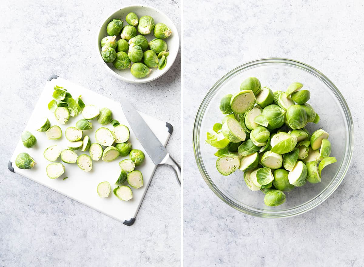 Two photos showing how to make vegan brussels sprouts recipe – trimming and preparing brussels sprouts 