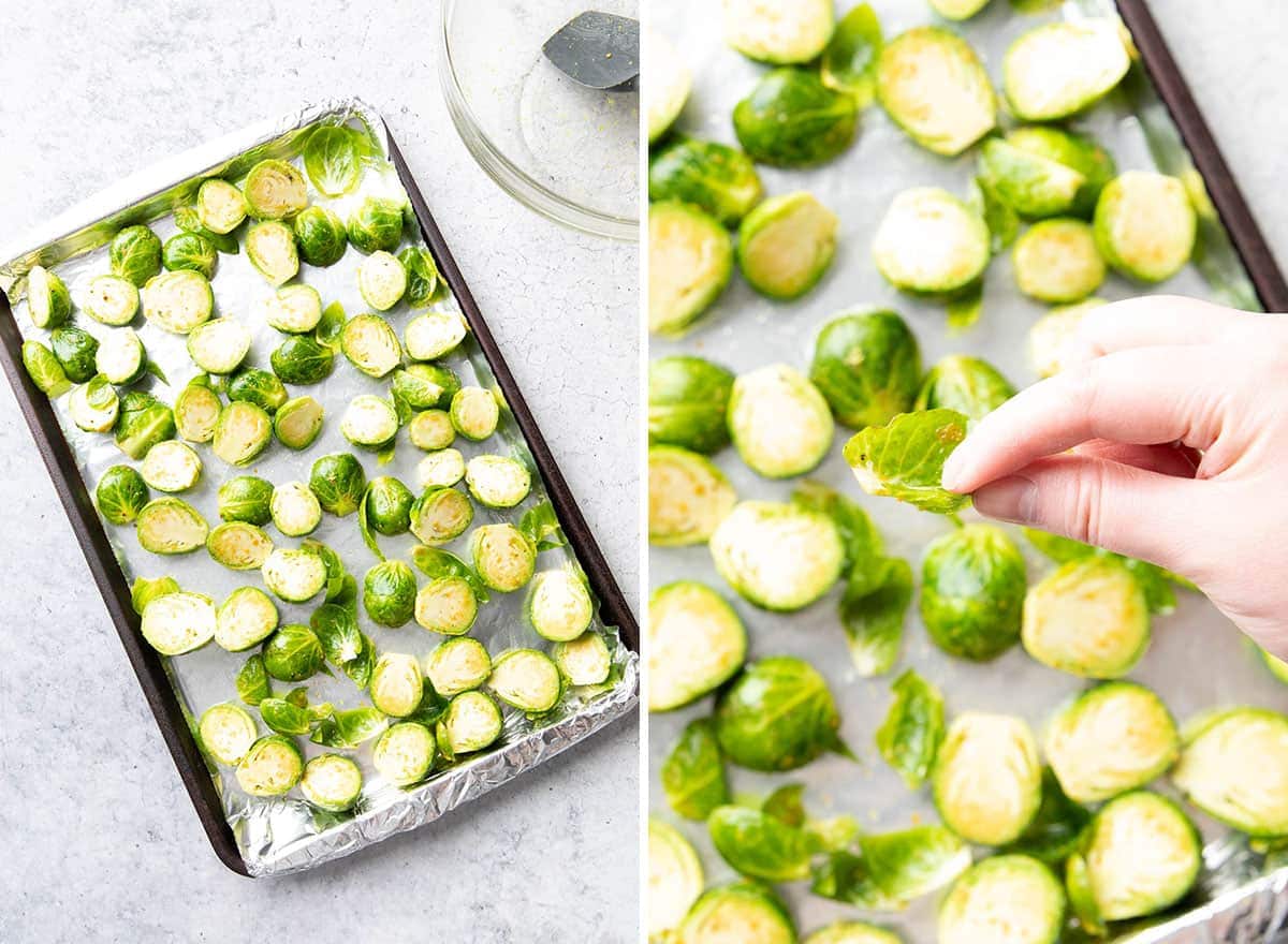 Two photos showing how to make vegan brussels sprouts recipe – removing loose leaves from baking sheet