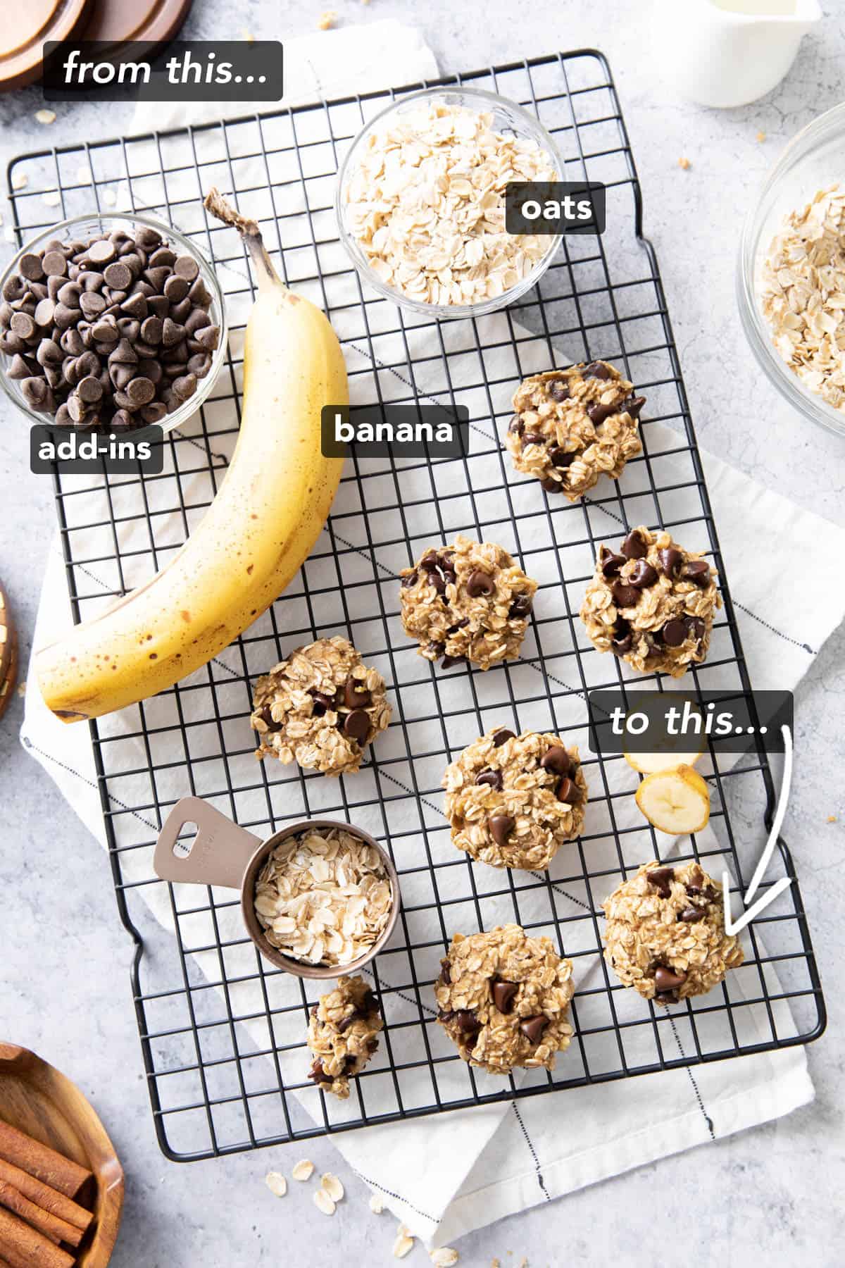 the 3 Ingredients for banana oatmeal cookies laid out on a table