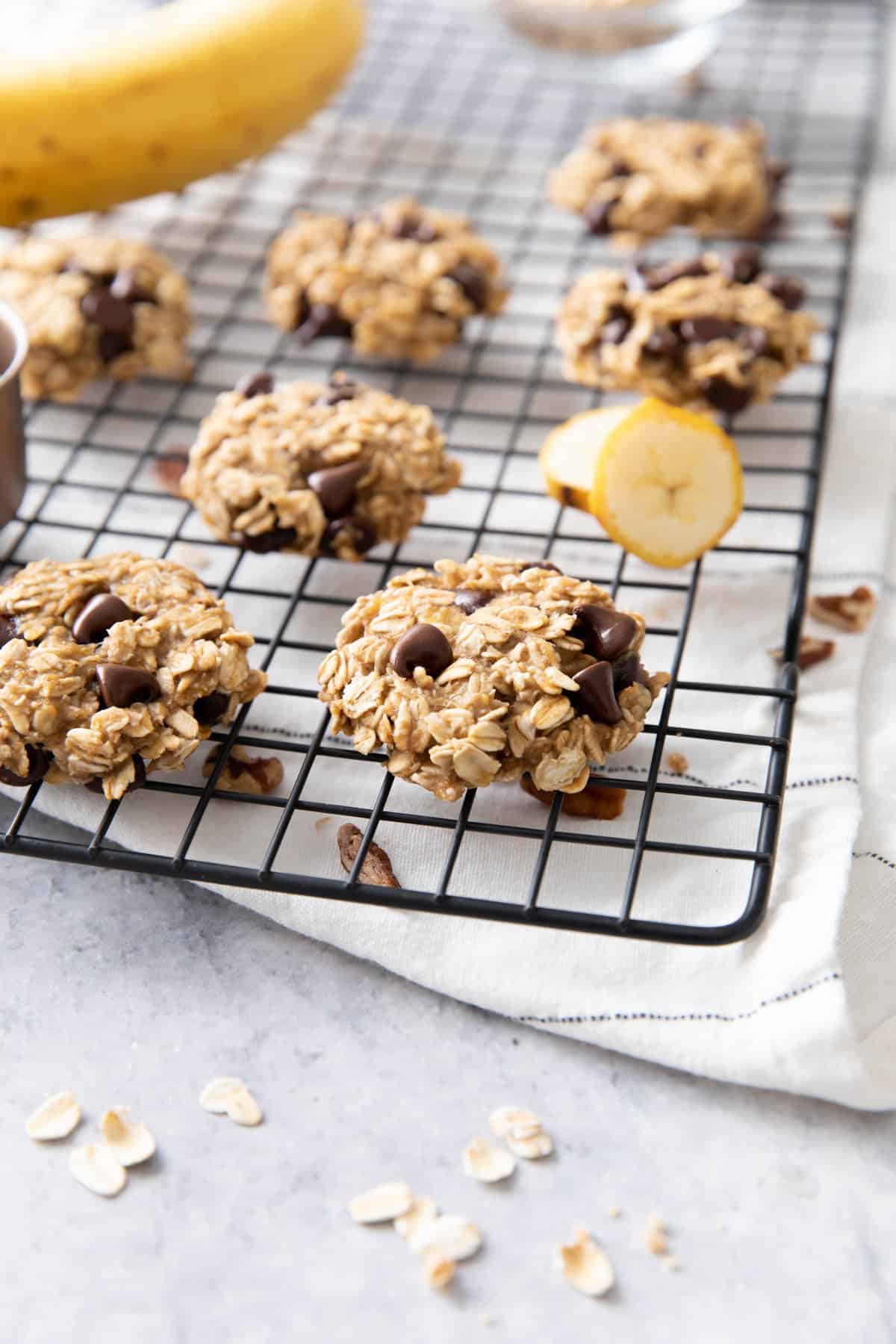 Angled treats with oats, banana pieces, and add-ins