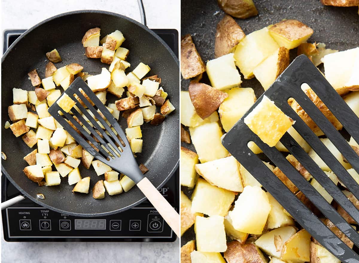 Two photos showing How to Make Crispy Breakfast Potatoes – golden brown texture of one potato