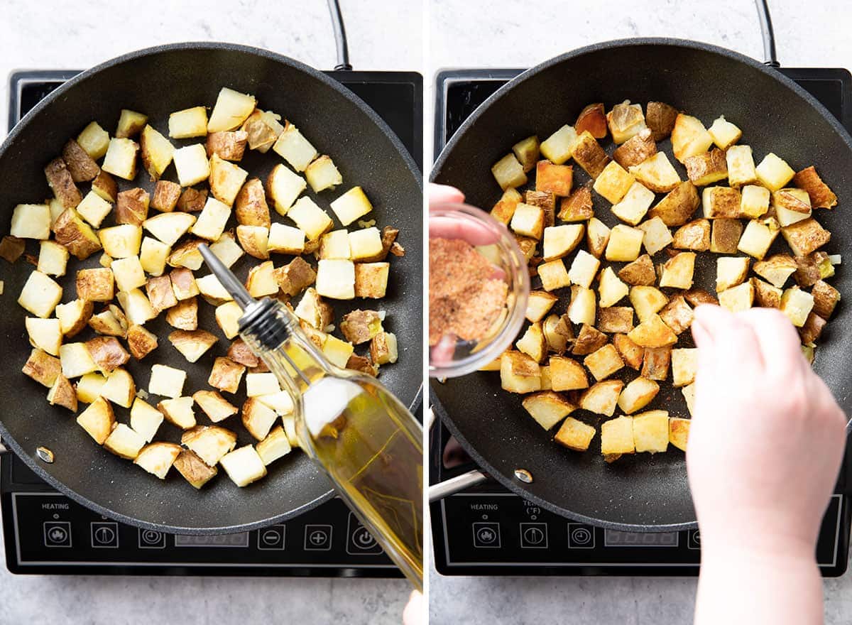 Two photos showing How to Make Crispy Breakfast Potatoes – adding oil and seasoning