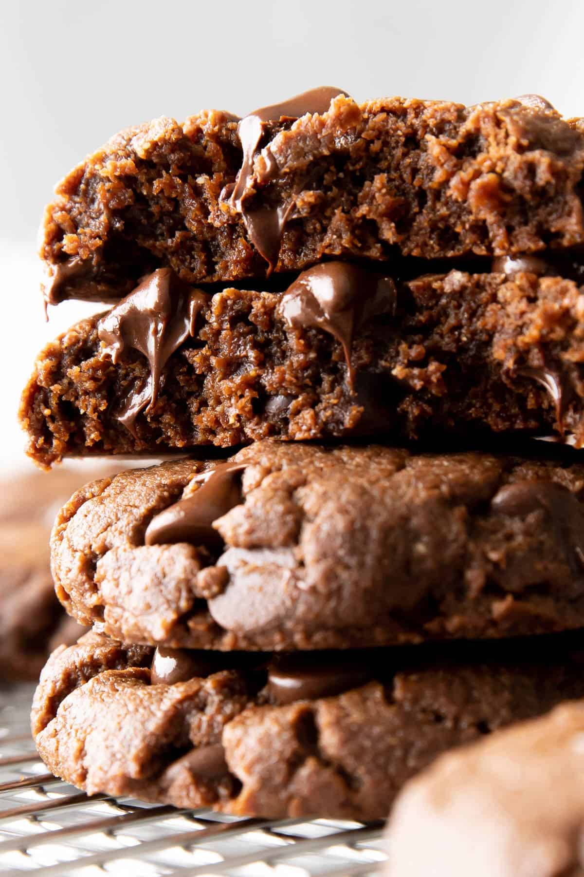 Very closeup photo of dark chocolate cookies to show texture