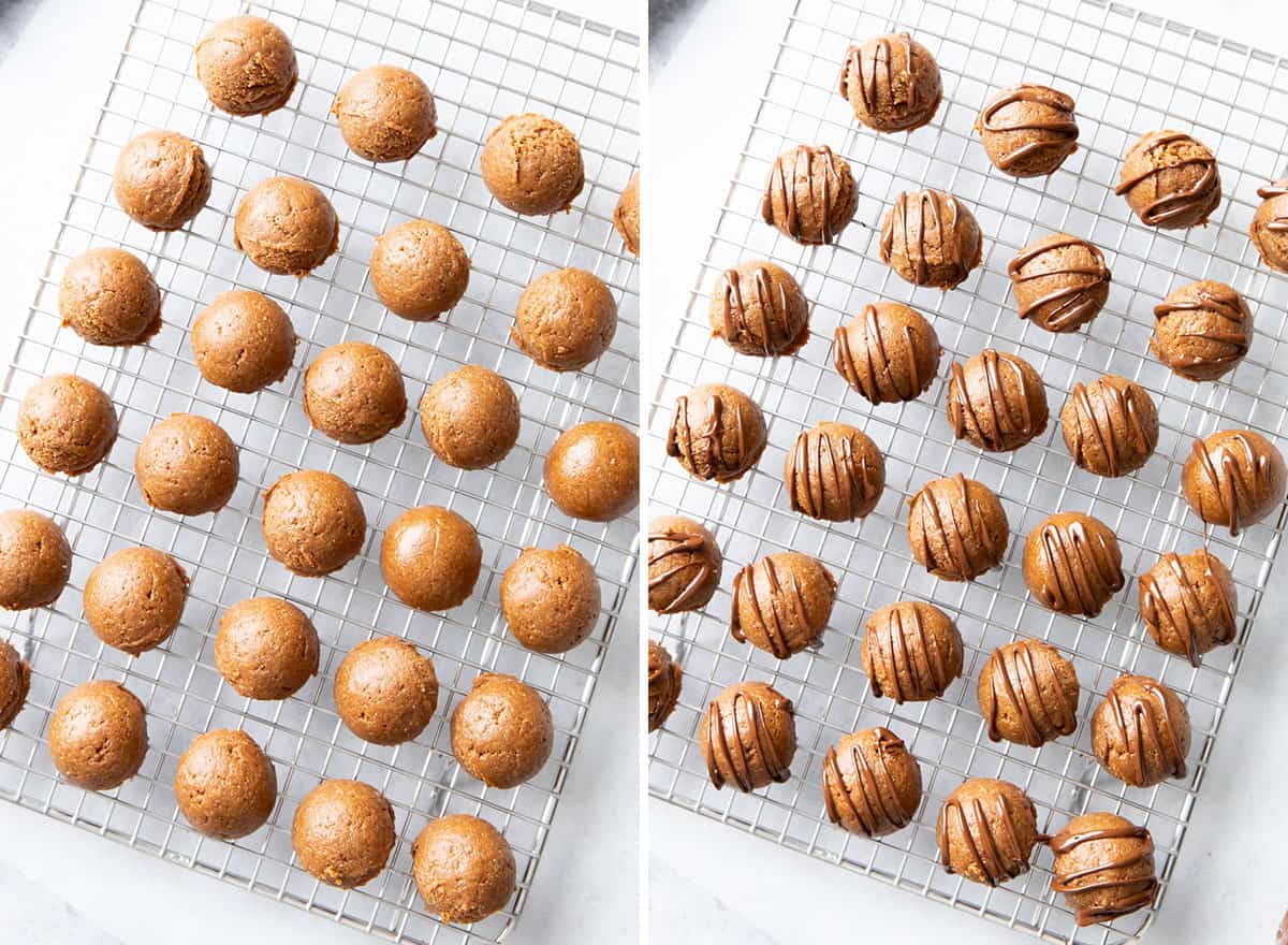 Two photos showing how to make date balls – drizzling with chocolate