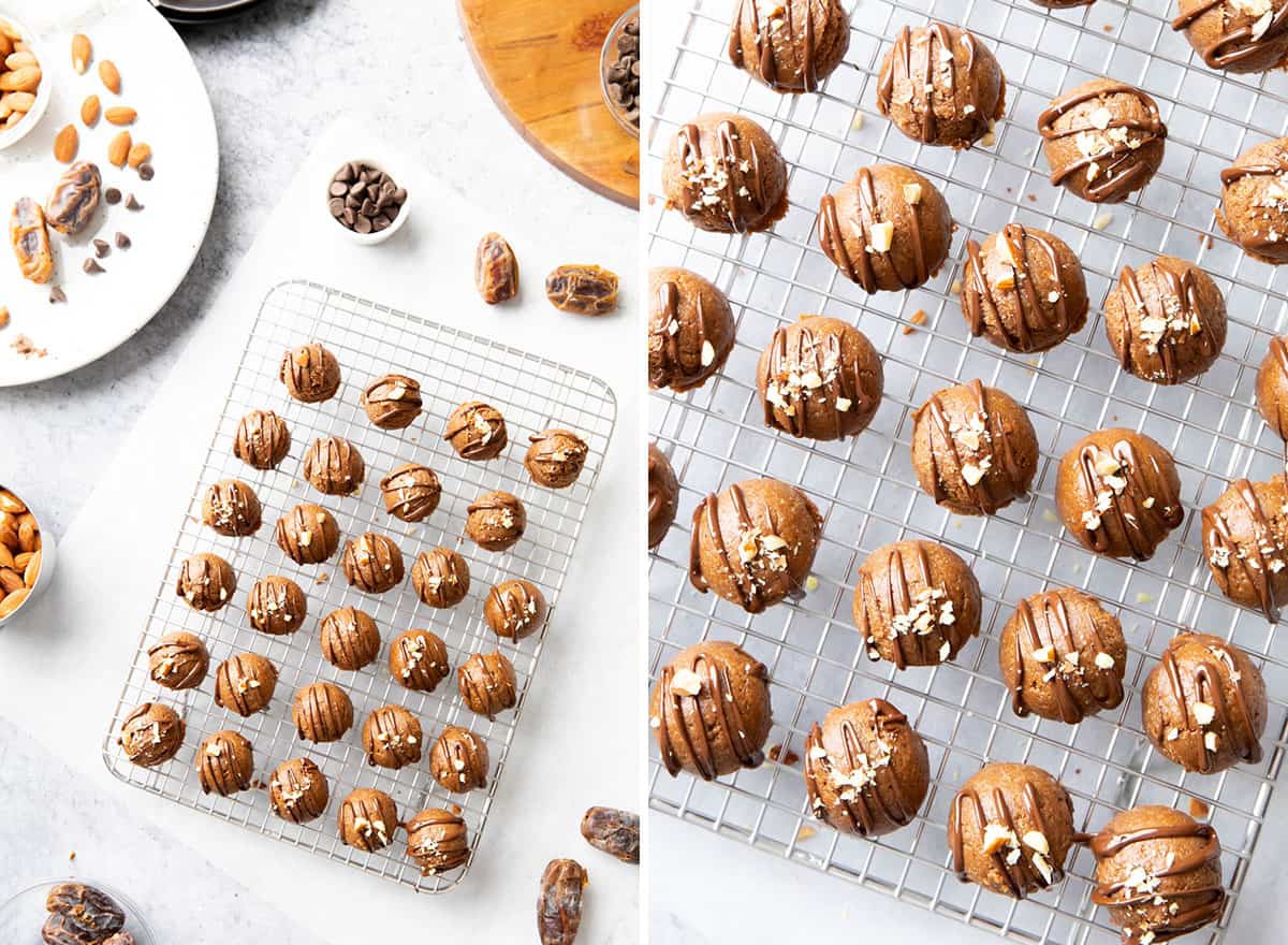 Two photos showing how to make date balls – sprinkling with nuts