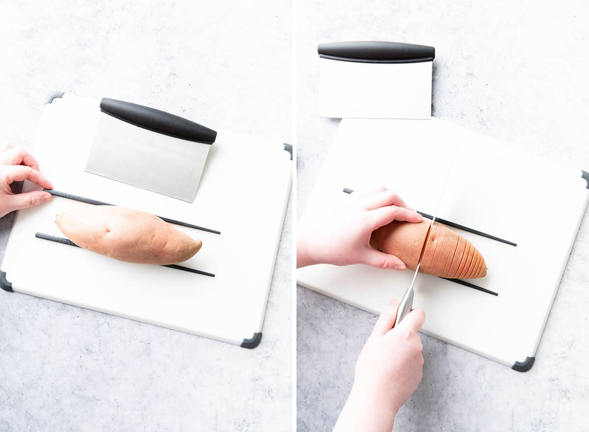 Two photos showing How to Make Hasselback Sweet Potatoes – lining potatoes up with chopsticks