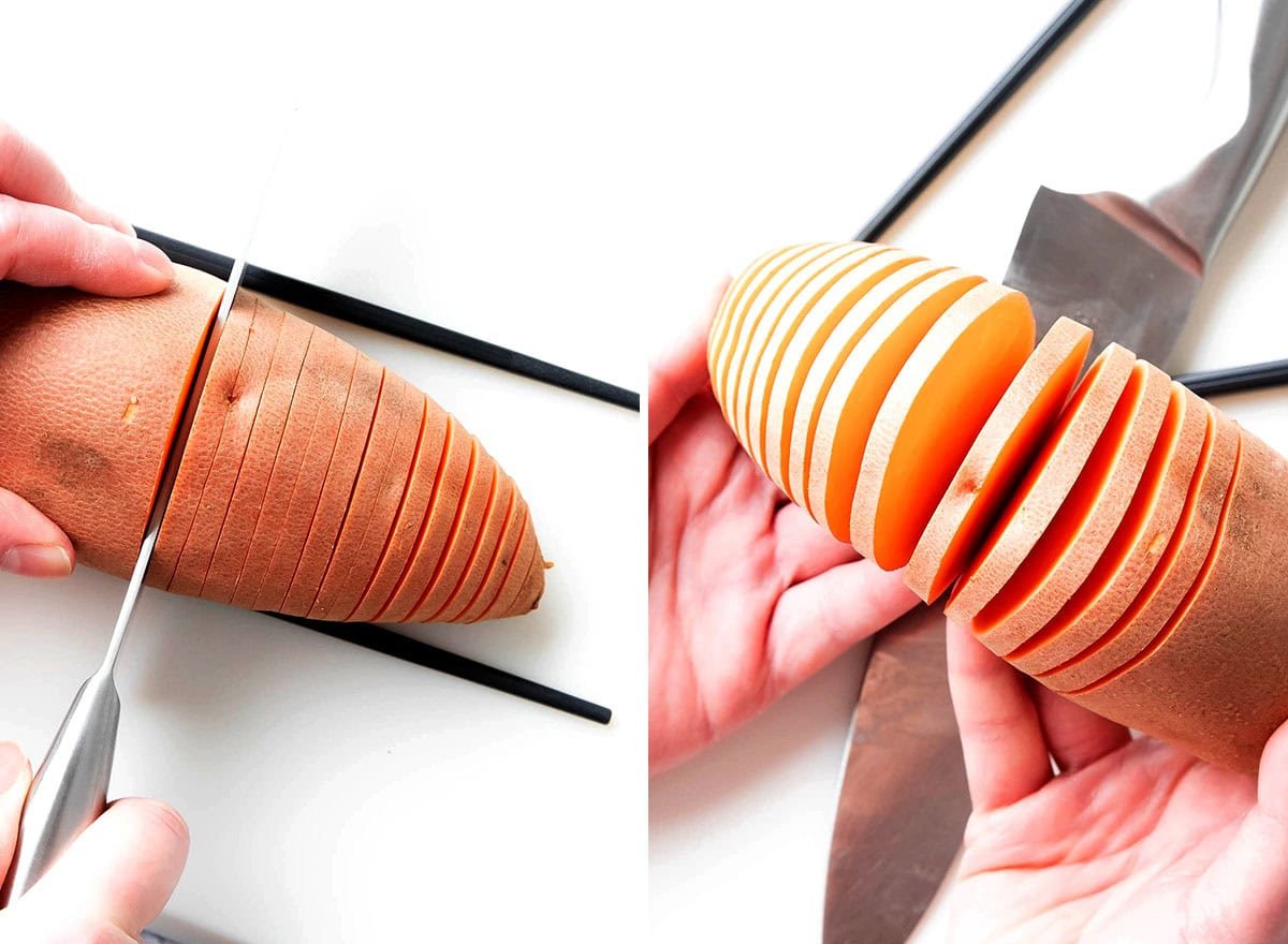 Two photos showing How to Make Hasselback Sweet Potatoes - slicing the sweet potatoes and spreading to fan the slices