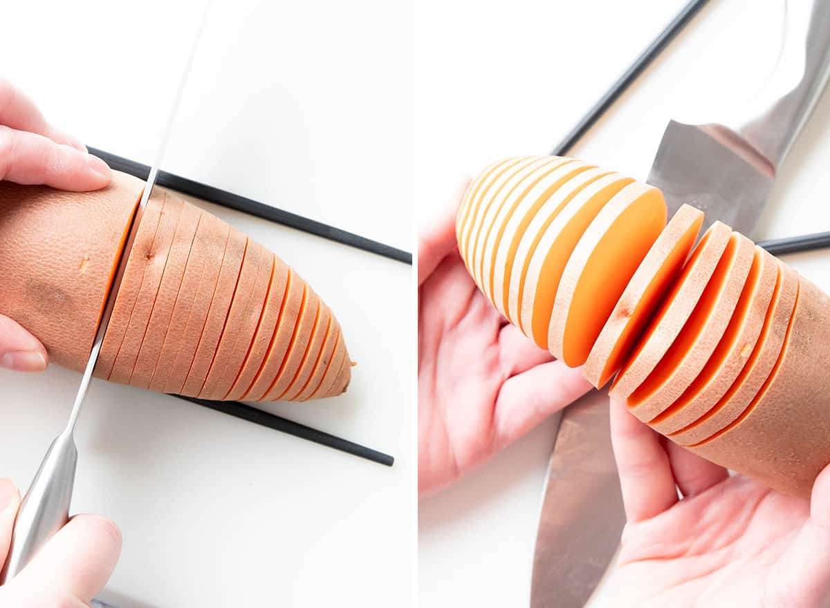 Two photos showing How to Make Hasselback Sweet Potatoes – closeup on sliced potatoes