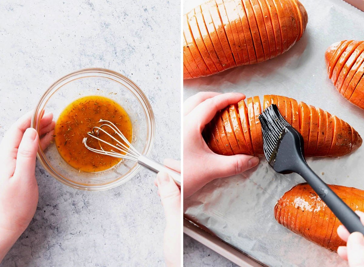 two photos showing How to Make Hasselback Sweet Potatoes - whisking the buttery coating and brushing into the folds of the sweet potatoes