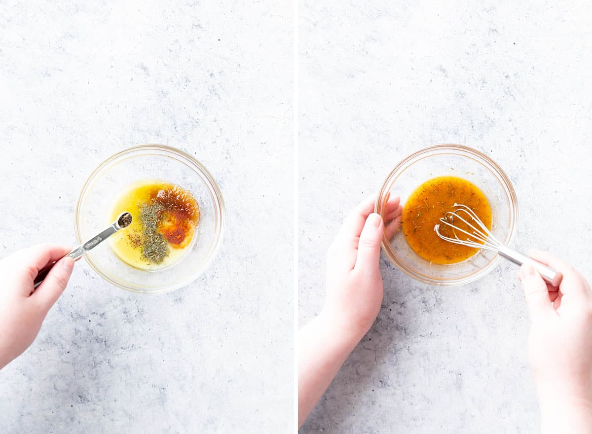 Two photos showing How to Make Hasselback Sweet Potatoes – mixing spices