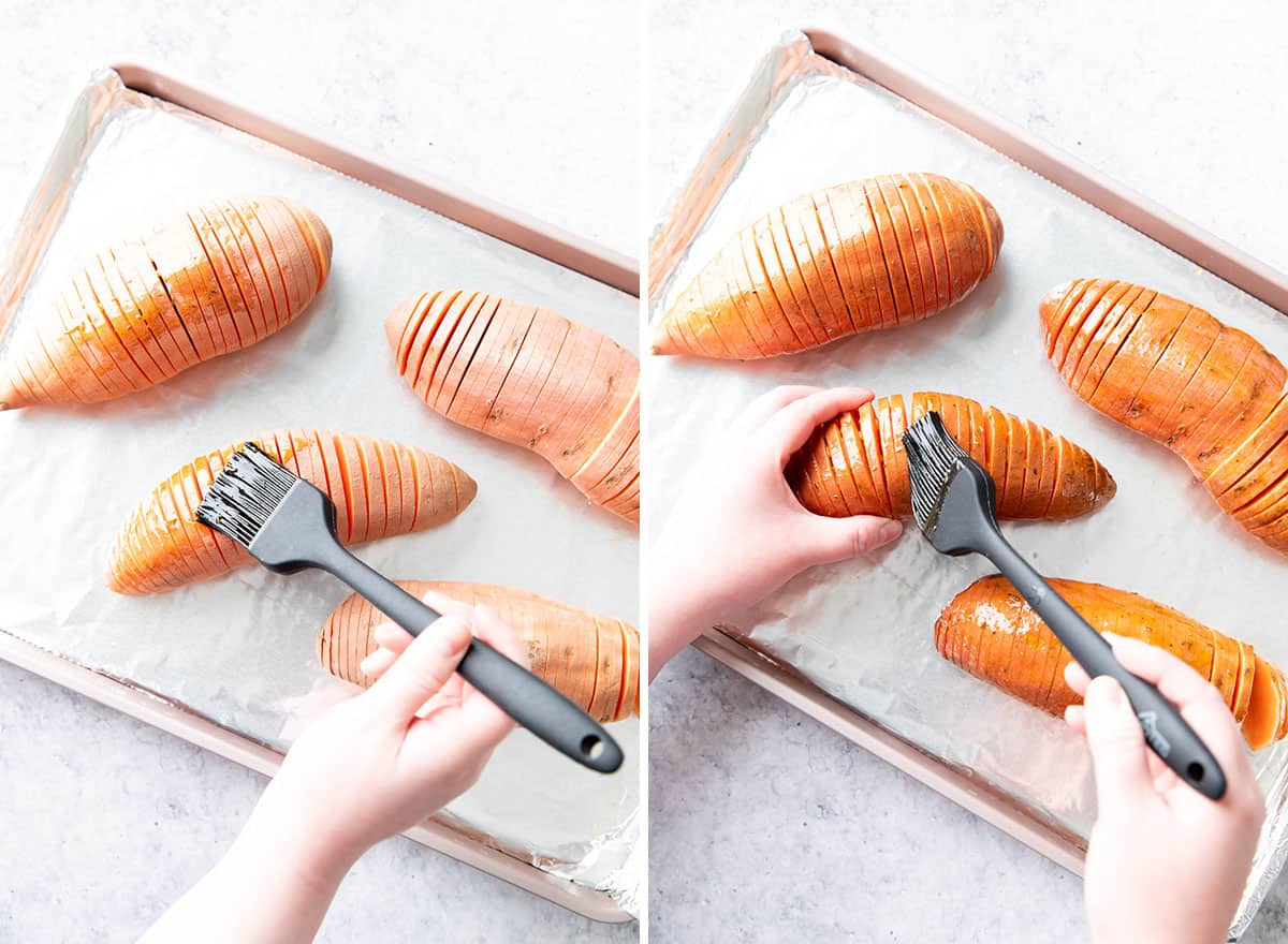 Two photos showing how to make this recipe – brushing coating into folds 