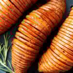 Hasselback Sweet Potatoes Recipe short Pinterest image.
