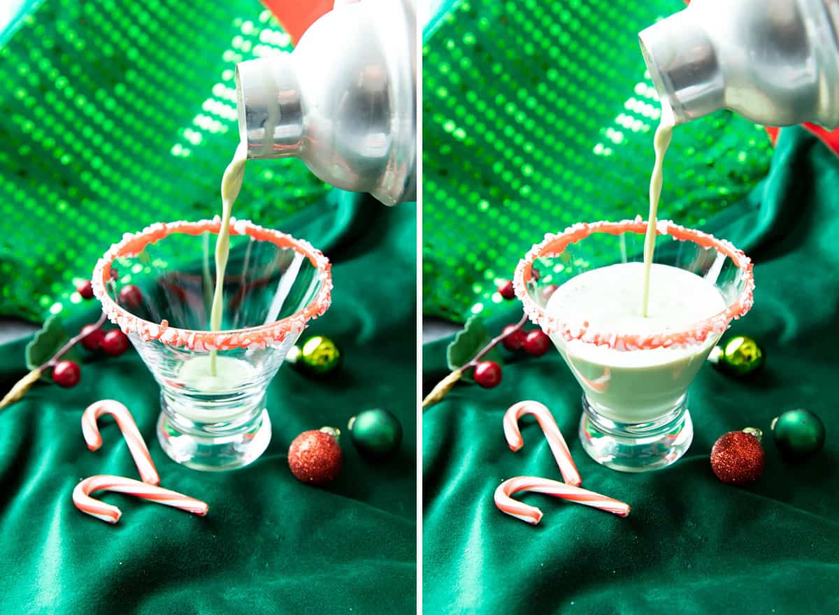 Two photos showing how to make a Peppermint Martini – pouring cocktail out of stainless steel shaker
