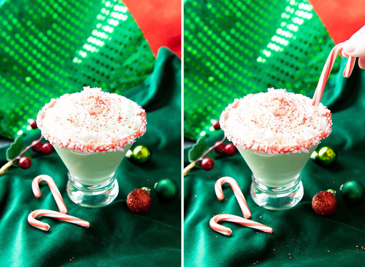 Two photos showing how to make this cocktail – topping with garnish