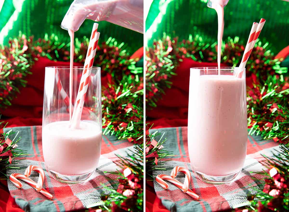 Two photos showing how to make a Peppermint Milkshake – pouring shake into glass