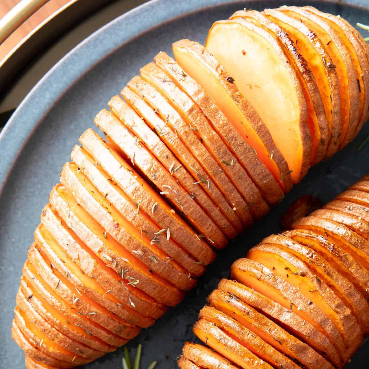 Closeup photo of Hasselback sweet potatoes to show texture