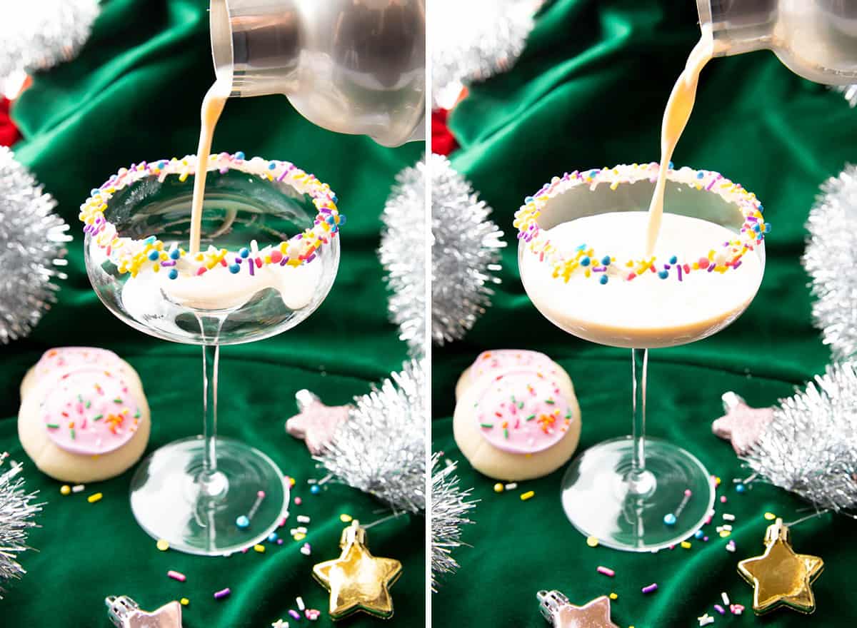Two photos showing How to Make a Sugar Cookie Martini – pouring cocktail into glass