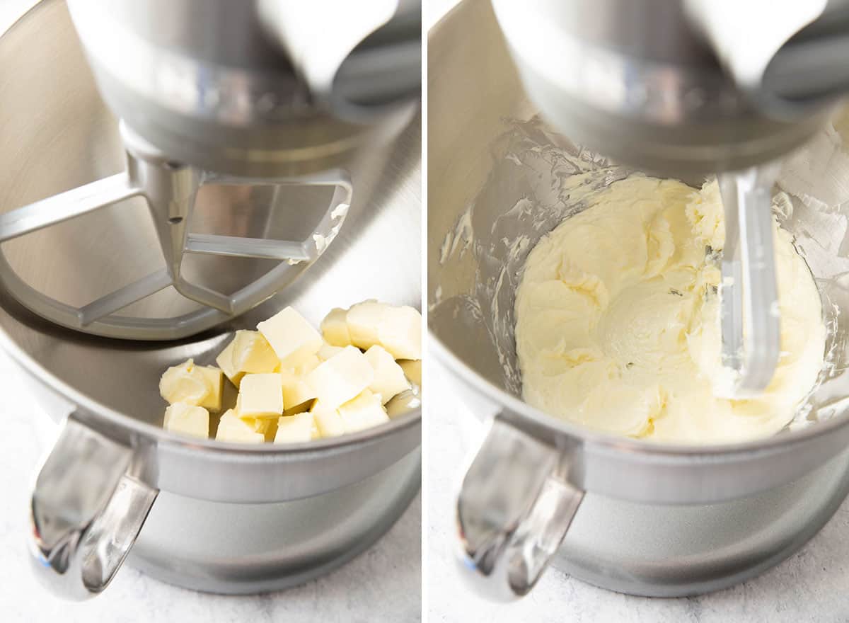 Two photos showing How to Make Whipped Shortbread Cookies – whipping butter