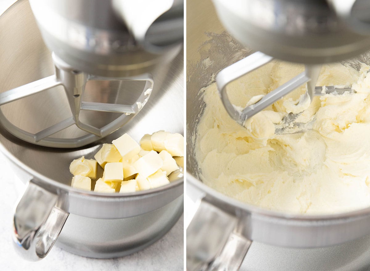 Two photos showing How to Make Whipped Shortbread Cookies – creaming butter and sugar  