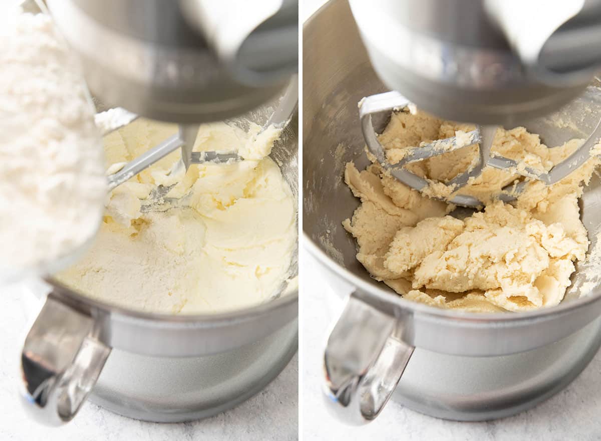Two photos showing How to Make Shortbread Cookies – adding flour to make dough