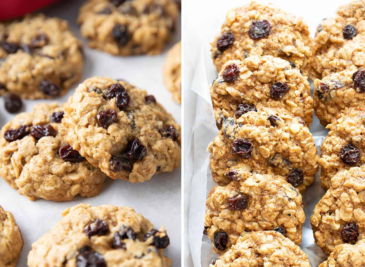 Two photos of Healthy Cookie Recipes featuring healthy oatmeal raisin cookies