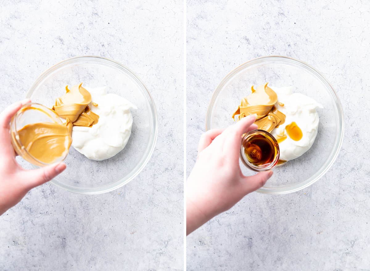 Two photos showing How to Make Peanut Butter Dip – adding ingredients to mixing bowl