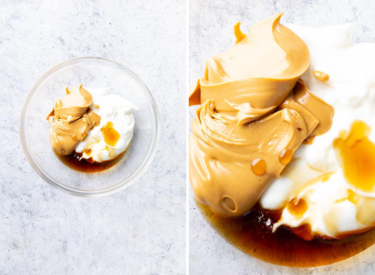 Two photos showing How to Make Peanut Butter Dip – all ingredients in bowl