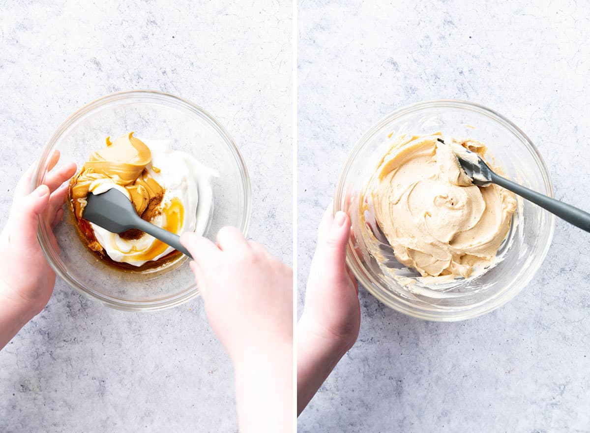 Two photos showing How to Make this recipe – stirring and folding ingredients together