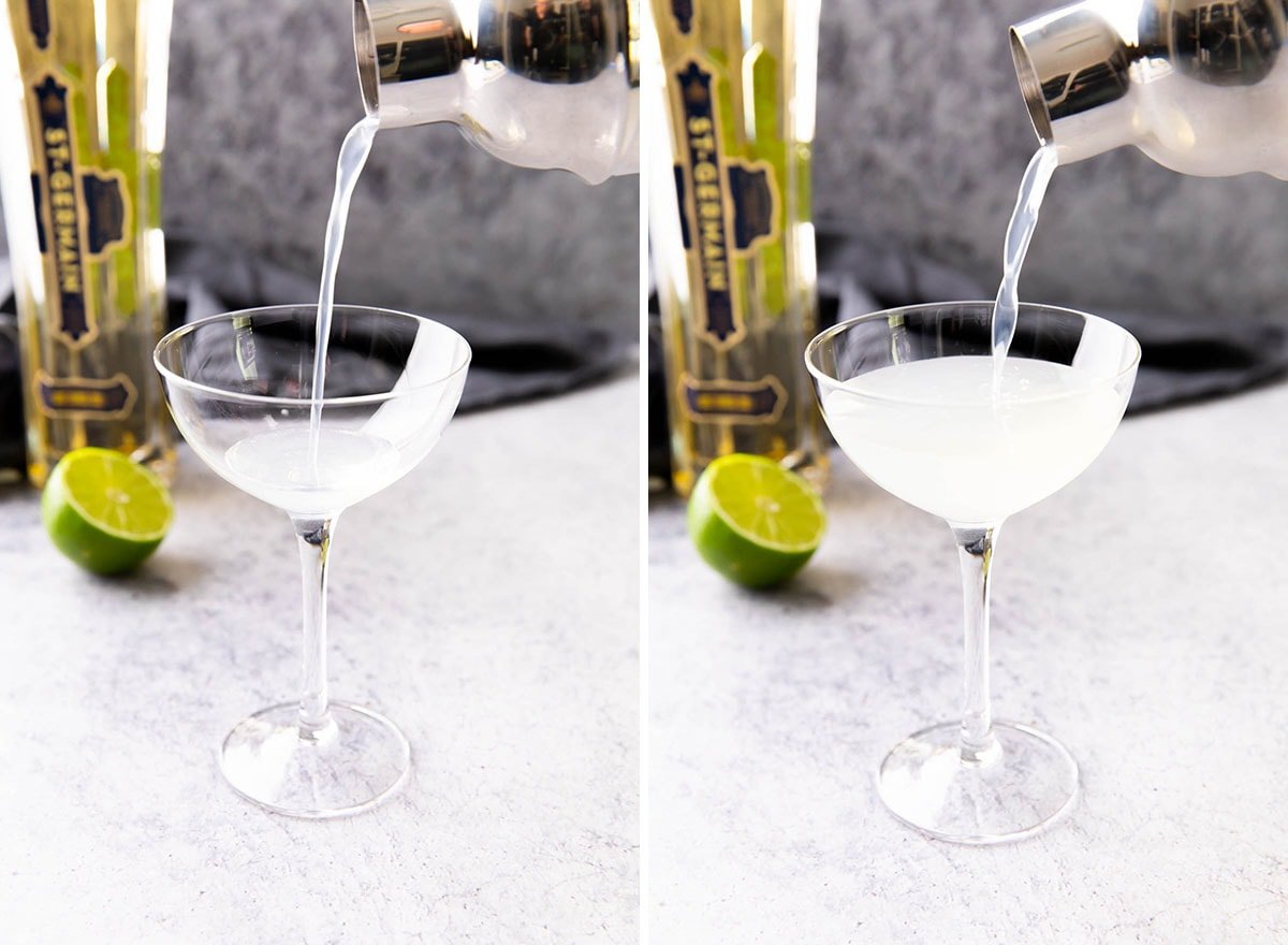 Two photos showing How to Make a French Gimlet - pouring the cocktail mixture out of a cocktail shaker and into a chilled coupe glass.