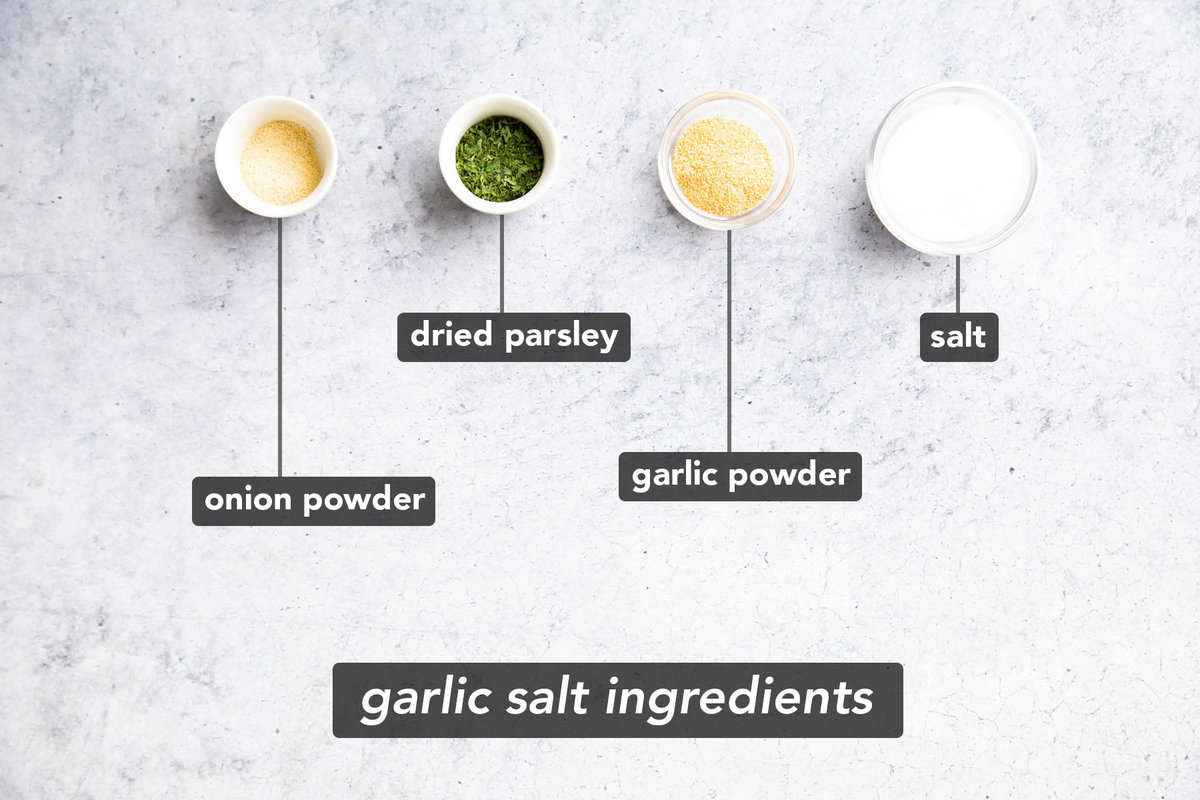 Garlic Salt Ingredients pre-measured into mise en place bowls with labels 