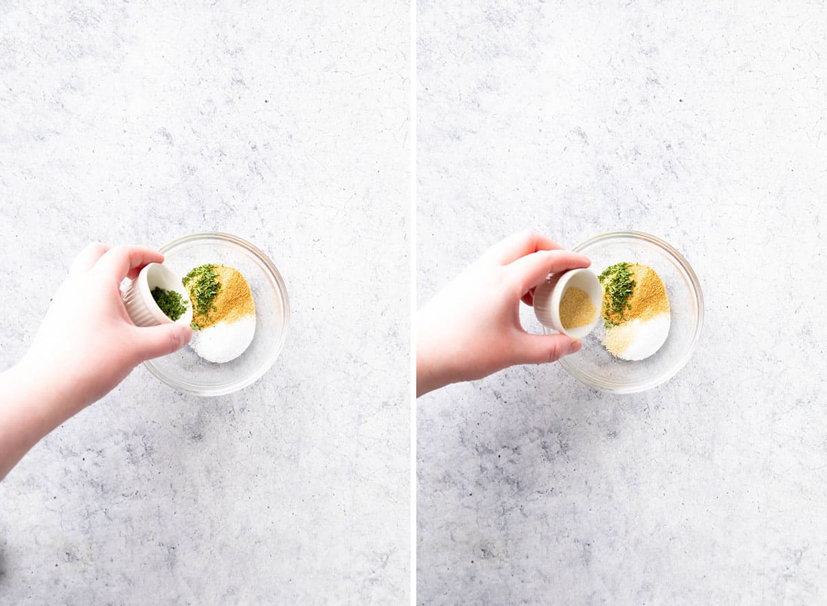 Two photos showing How to Make Garlic Salt – adding dried parsley and onion powder