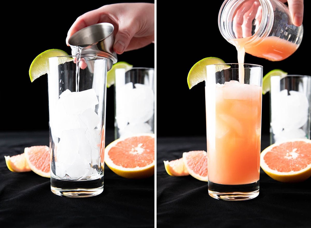 Two photos showing How to Make a Greyhound Drink – pouring gin and grapefruit juice over ice in a Collins glass.