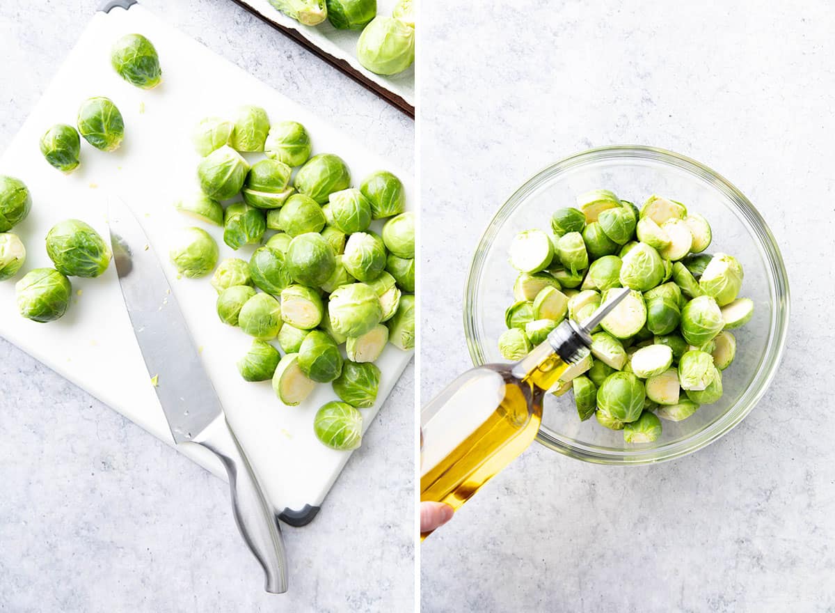Two photos showing How to Make Honey Sriracha Brussels Sprouts – chopping and adding oil