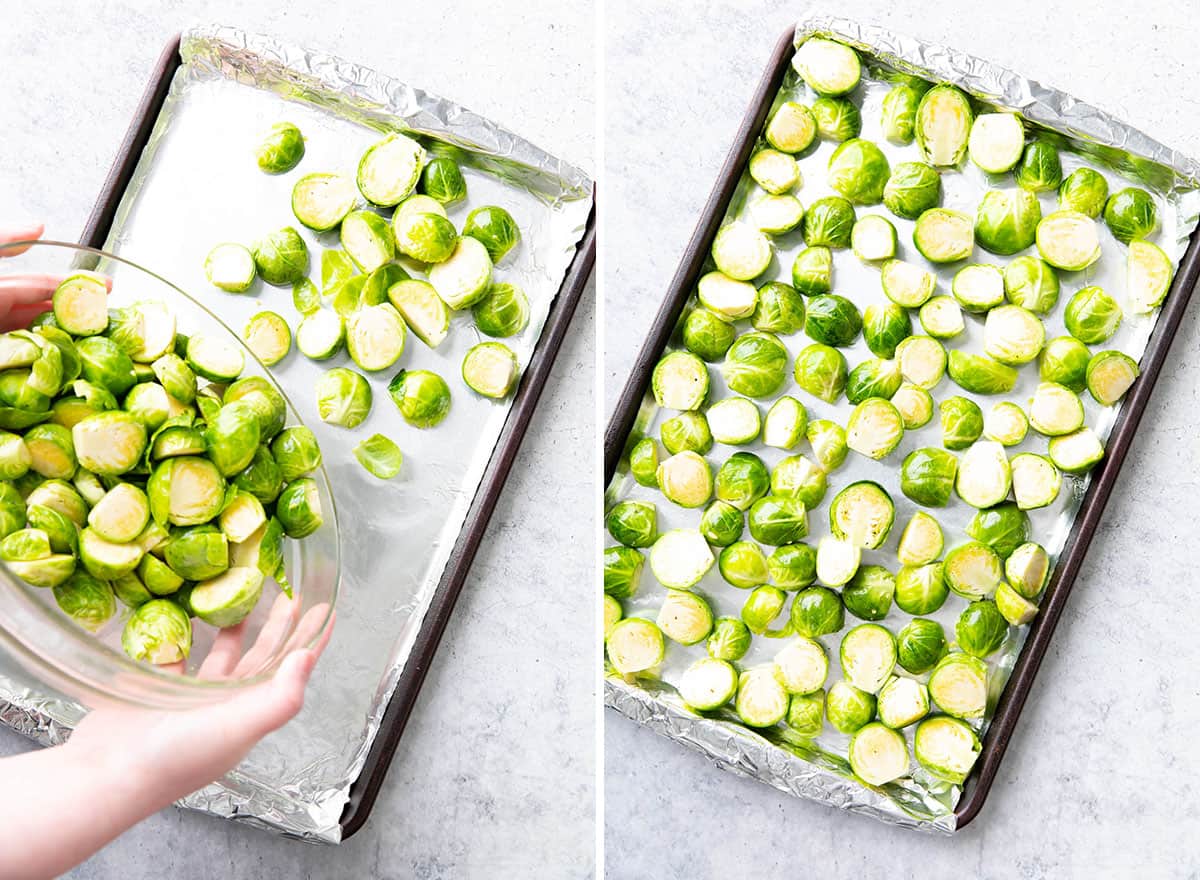 Two photos showing How to Make this recipe – pouring veggies onto baking sheet